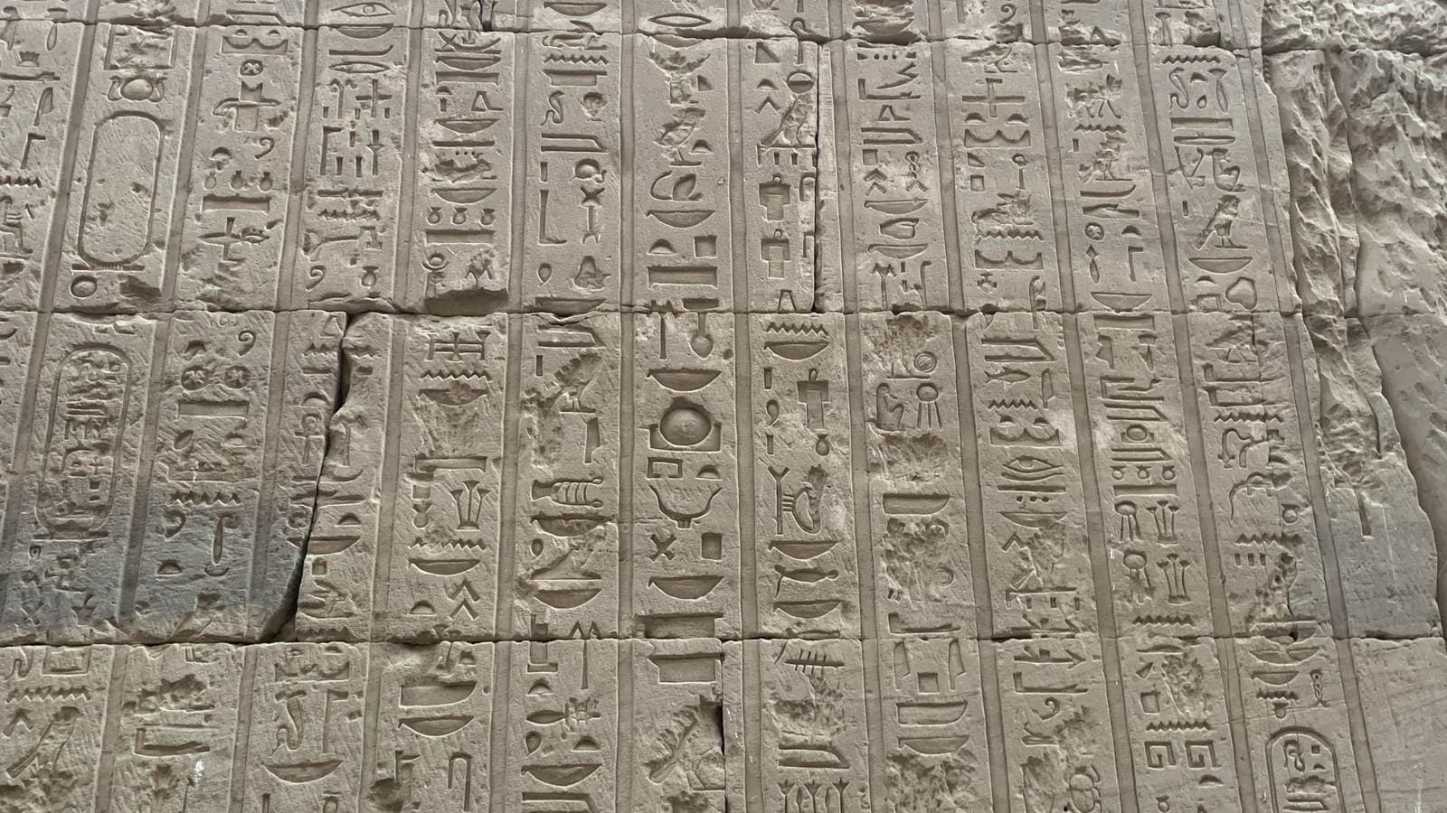 Ancient Egyptian hieroglyphs carved in columns across a temple wall