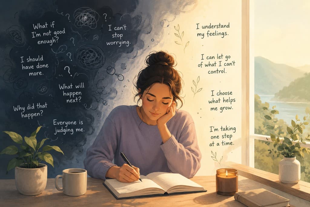 Illustration of a woman journaling at a desk, with anxious thoughts on one side and calming affirmations on the other
