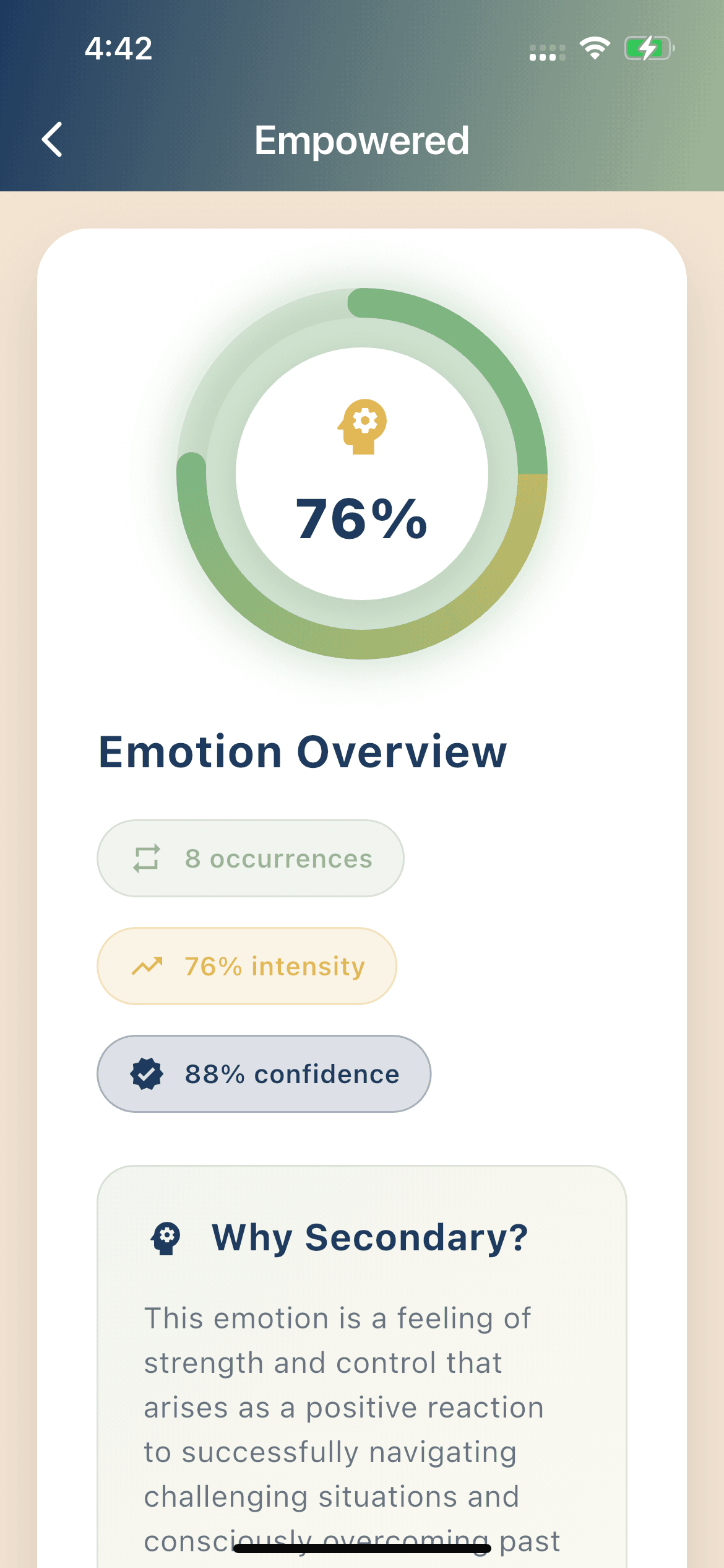 Aksha emotion analysis showing dominant emotions and confidence metrics across entries