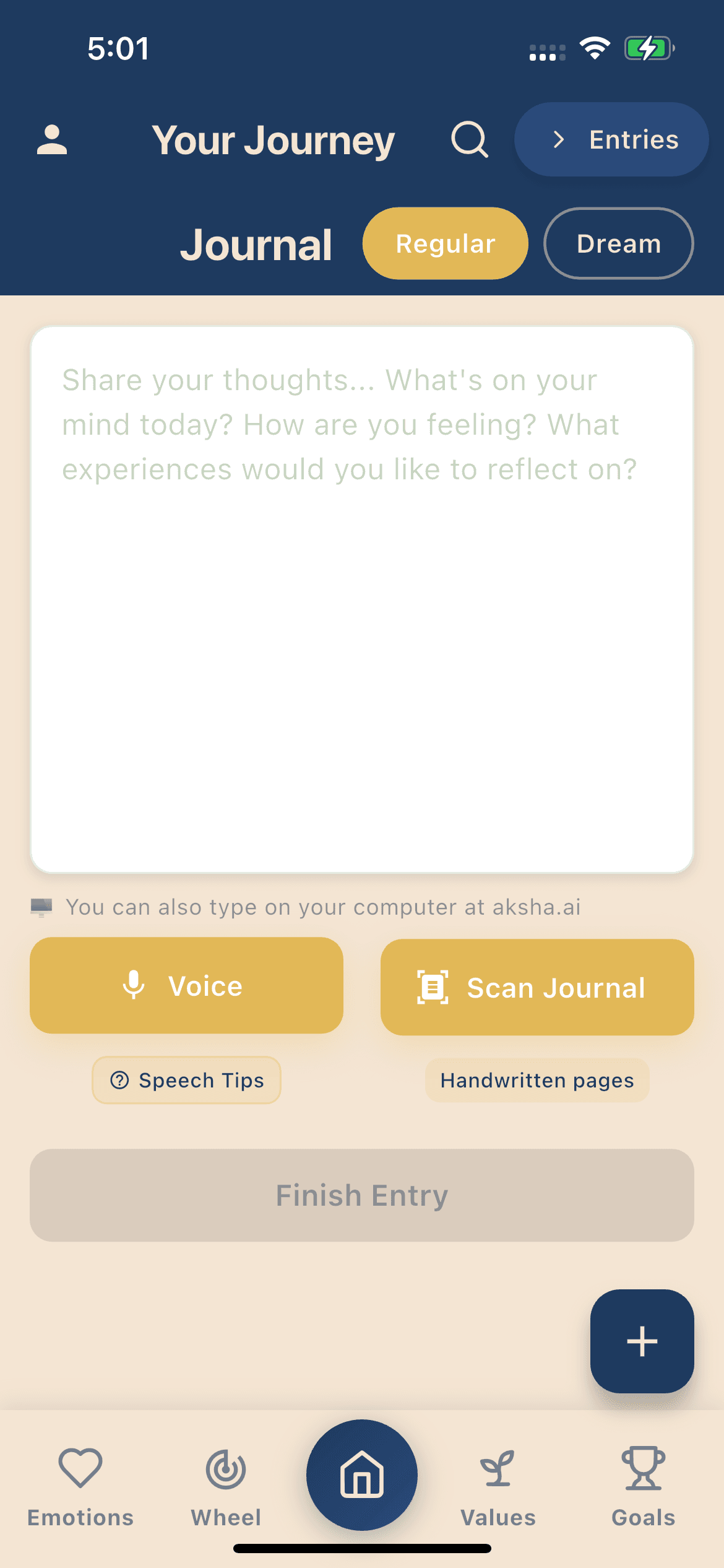 Aksha journal entry with AI emotion analysis and reflective insights