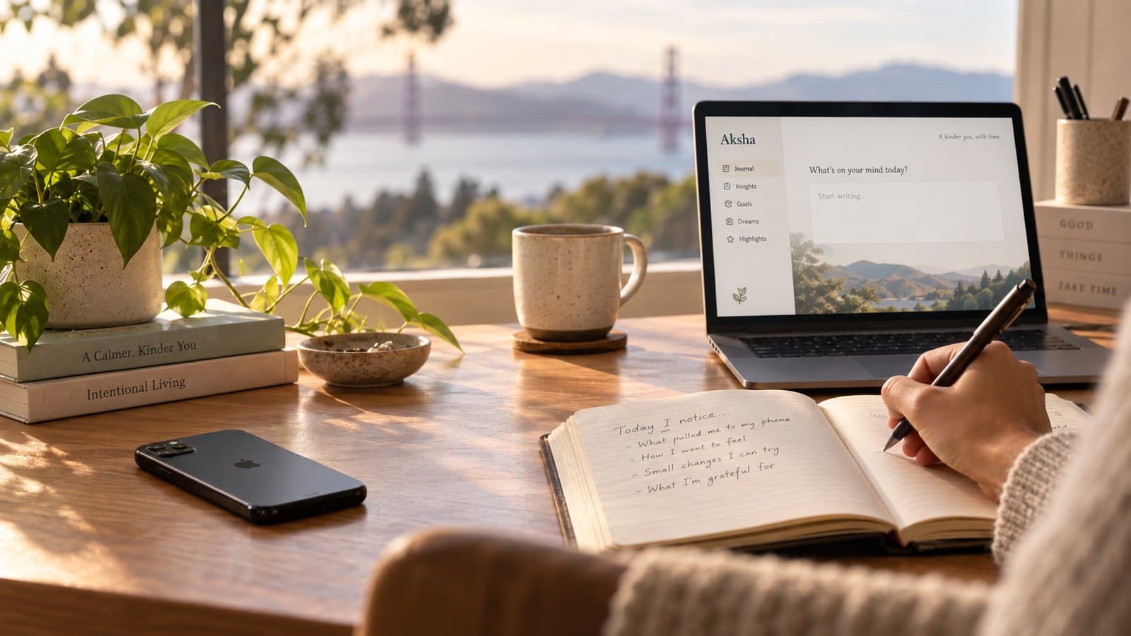 A sunlit desk with a handwritten journal, a laptop open to Aksha, and a phone set face-down, representing digital mindfulness